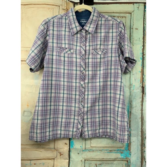 Cabela Womans Button Down with Pockets Short Sleeve  Large Purple | Blue Plaid - Picture 1 of 8